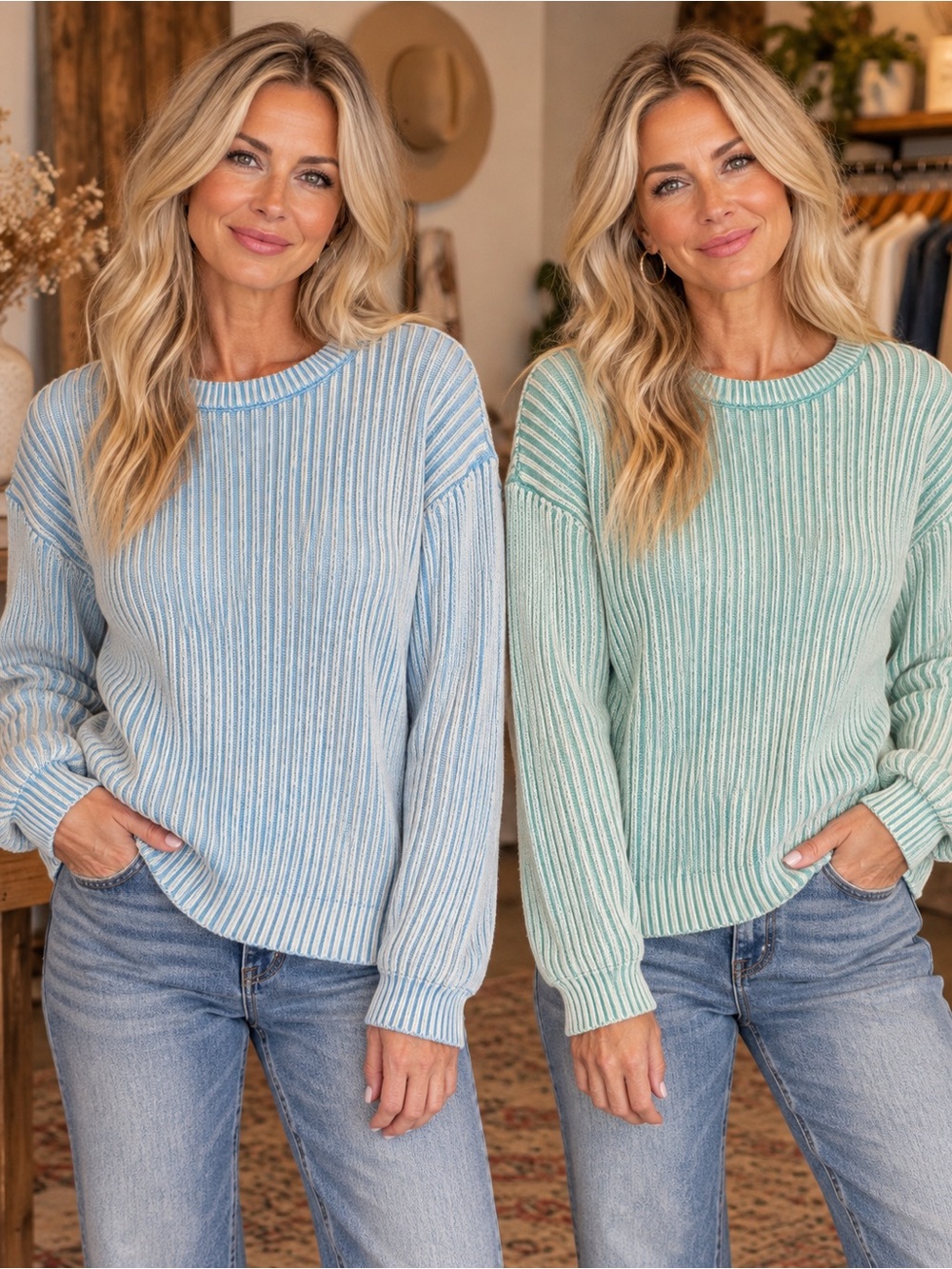 Blue Velvet Textured Crewneck Sweater in Blue and Mint